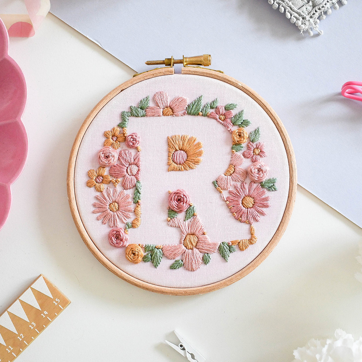Floral Initial Embroidery Kit (coloured fabric) - Free UK Delivery