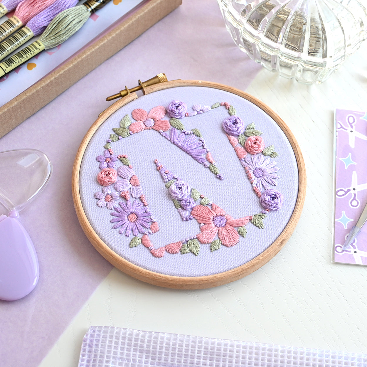 Floral Initial Embroidery Kit (coloured fabric) - Free UK Delivery