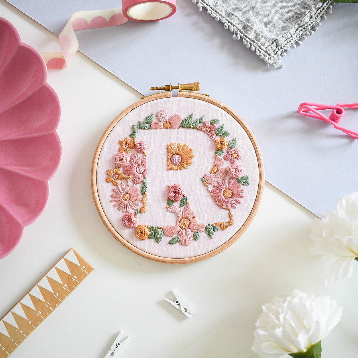 Floral Initial Embroidery Kit (coloured fabric) - Free UK Delivery