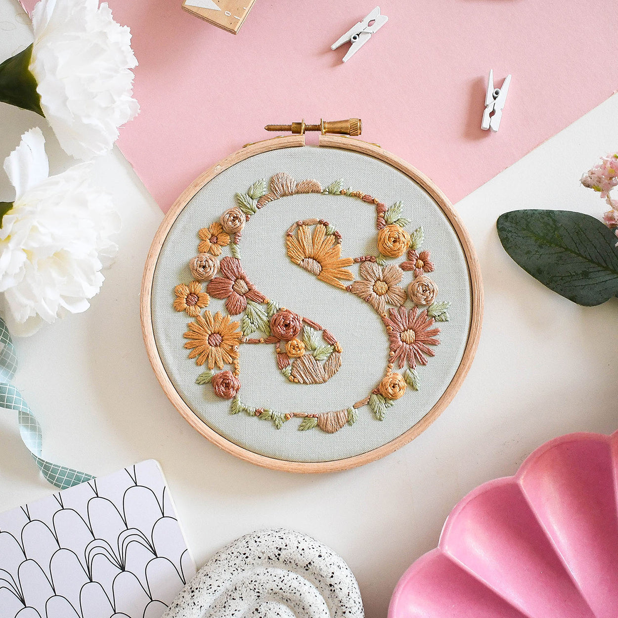 Floral Initial Embroidery Kit (coloured fabric) - Free UK Delivery