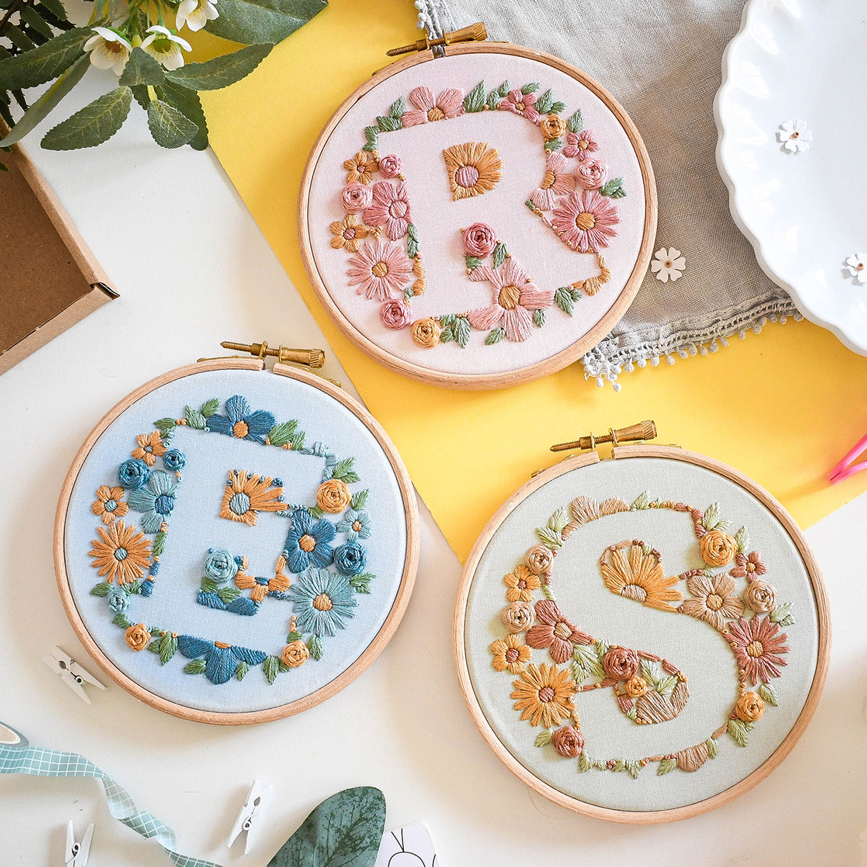 Floral Initial Embroidery Kit (coloured fabric) - Free UK Delivery