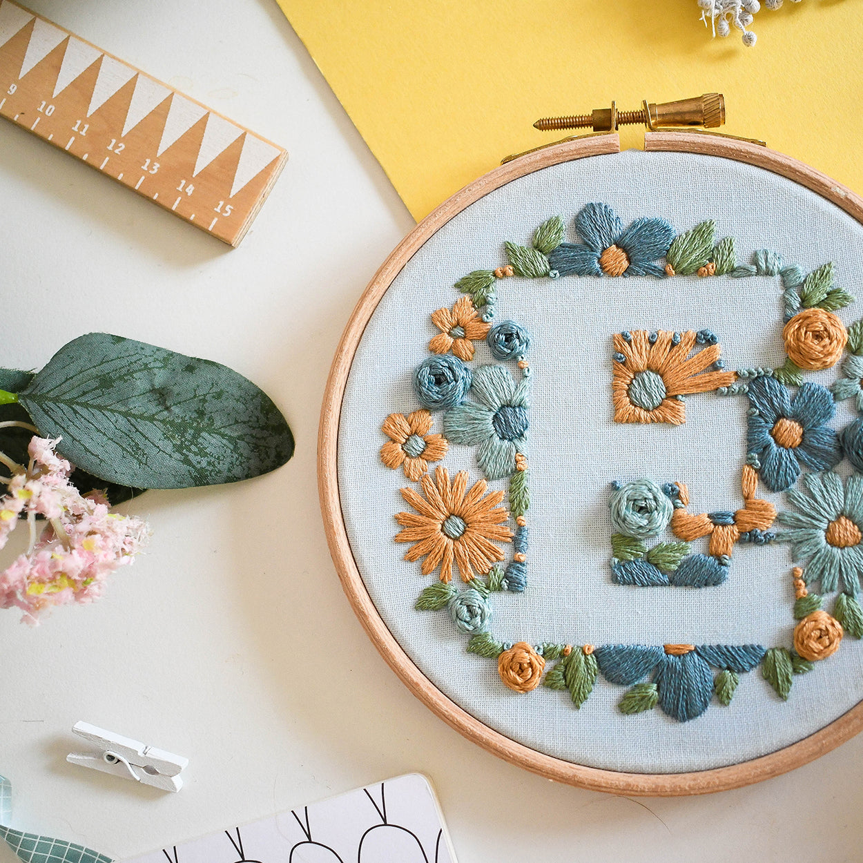 Floral Initial Embroidery Kit (coloured fabric) - Free UK Delivery