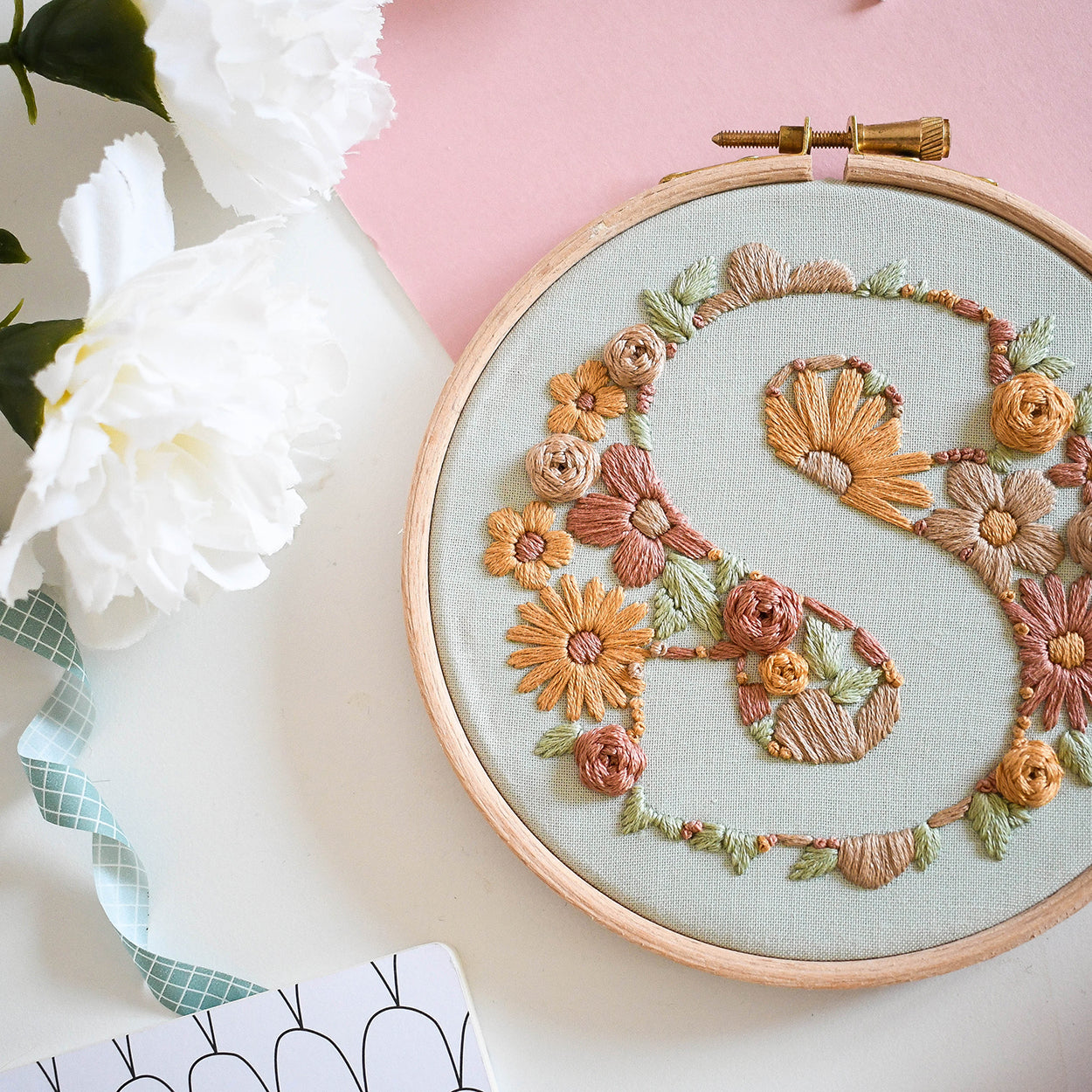 Floral Initial Embroidery Kit (coloured fabric) - Free UK Delivery