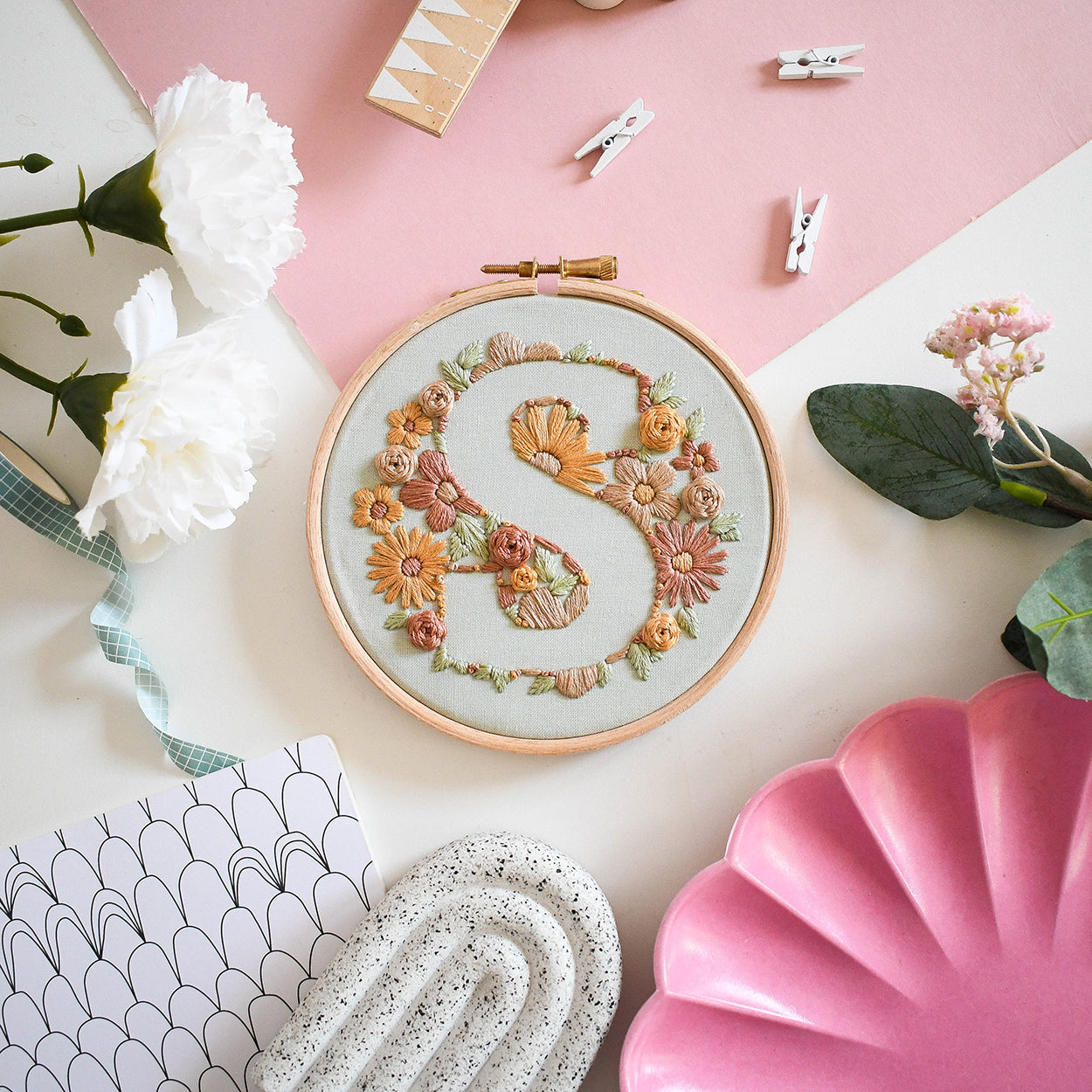 Floral Initial Embroidery Kit (coloured fabric) - Free UK Delivery
