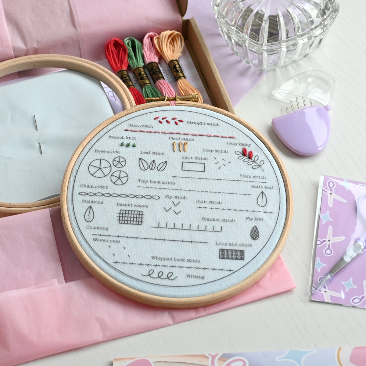 A circular embroidery hoop with white fabric and printed stitch guides, displayed with pink ribbon, embroidery floss, a purple thimble, scissors, and other sewing/craft accessories on a light surface.