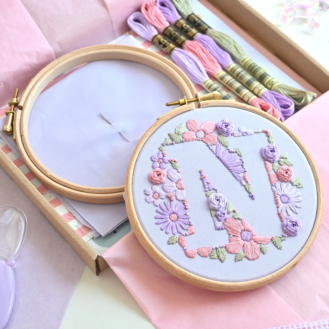 Floral Initial Embroidery Kit (coloured fabric) - Free UK Delivery