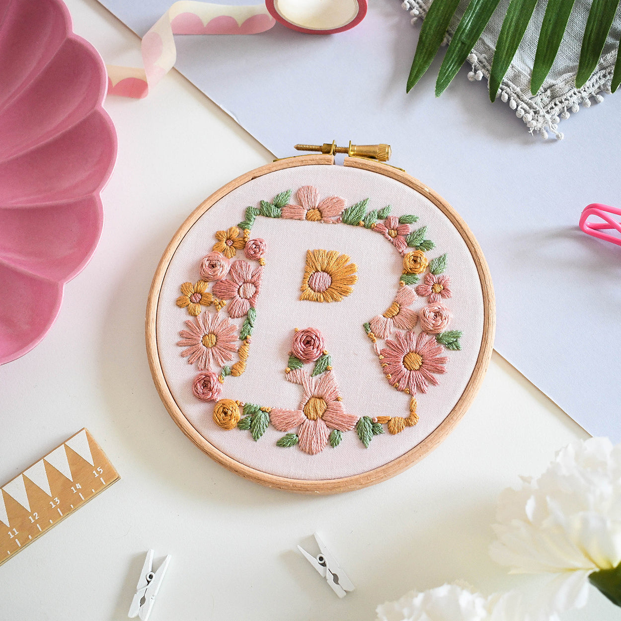 Floral Initial Embroidery Kit (coloured fabric) - Free UK Delivery