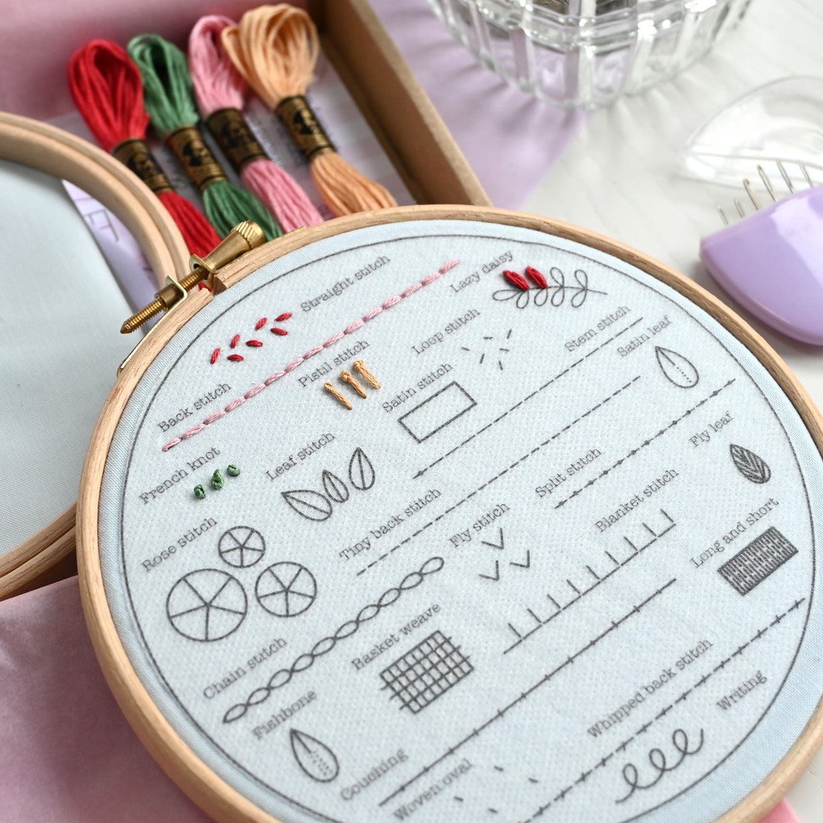 A close-up of a wooden embroidery hoop holding white fabric with black stitch guides and labels, surrounded by colorful embroidery floss in a box and sewing tools on a soft pink surface.