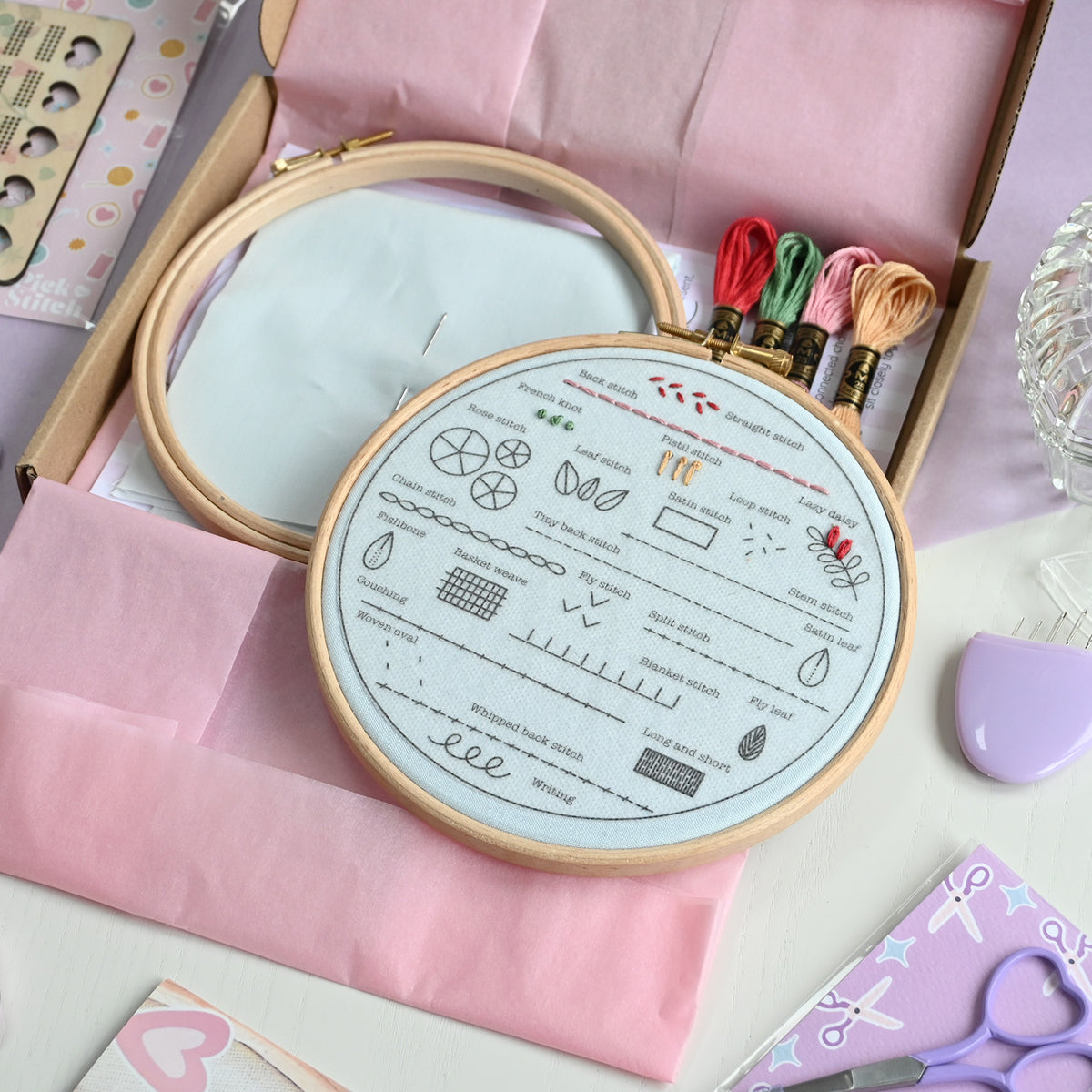 A wooden embroidery hoop containing pale blue fabric with a printed stitch guide, displayed inside a box with pink tissue paper alongside embroidery floss, a purple thimble, and other sewing accessories.